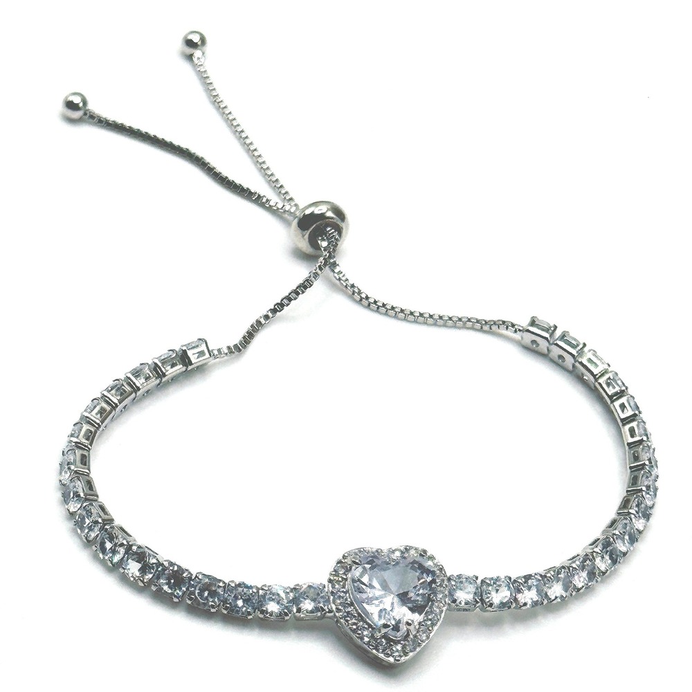 Heart Tennis Bracelet Silver Overlay Made with Swarovski Crystal Adjustable Bolo